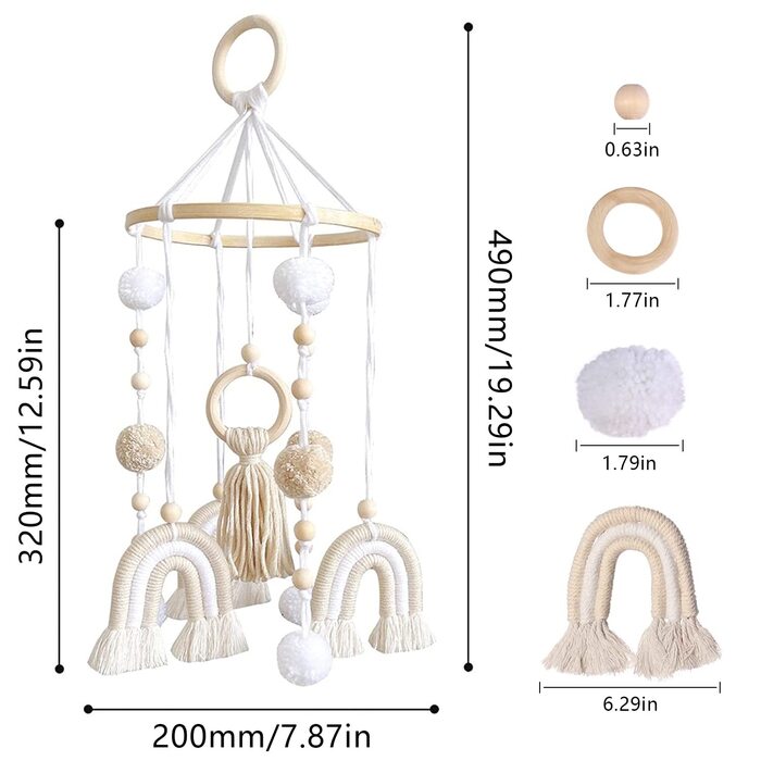 Мобільна дитяча музика вітру Райдужна бавовняна мотузка та бамбук ручної роботи підвіска з дзвіночком для ліжечка з дерева В'язана гачком прикраса дитячої кімнати для підвішування над пеленальним столиком Дитячий ліжечко Манеж (бежевий)