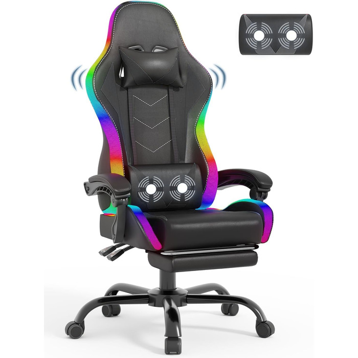 Ігрове крісло Devoko LED з масажем, комп'ютерне крісло з масажною подушкою для попереку, гоночне геймерське крісло ергономічне з р