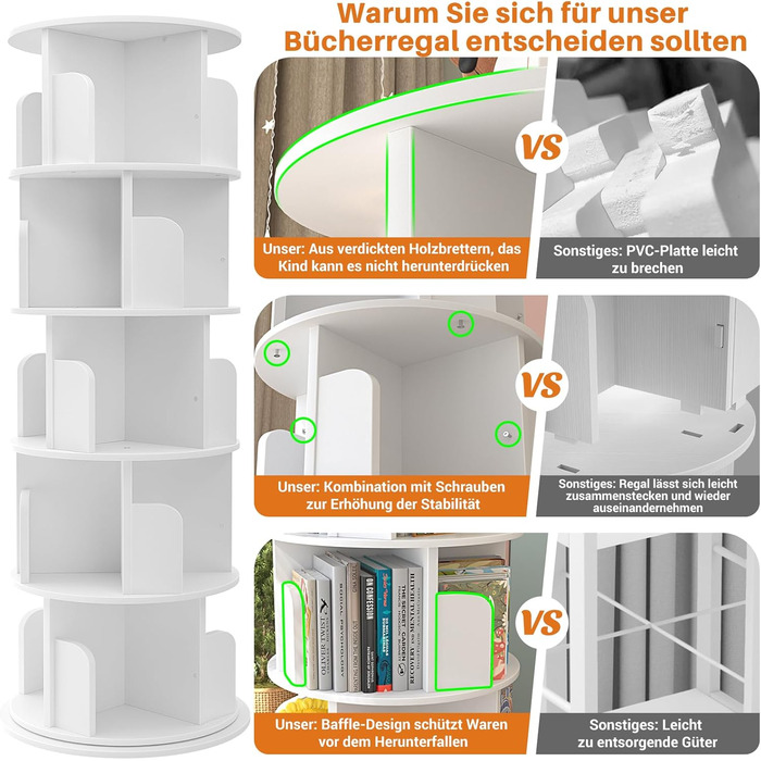 Рівнева обертова книжкова полиця, дерев&39яна обертова книжкова полиця-вежа, кругла книжкова полиця, що обертається на 360 градусів, кутовий органайзер для невеликих приміщень, спальня, офіс, білий, 5-