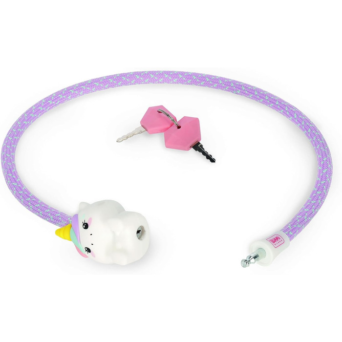 Легамі - Велосипедний замок з ключем, дизайн Єдиноріг, зовнішній шар з поліестеру, внутрішня частина з металу, довжина 75 см, аксесуар для дитячого велосипеда