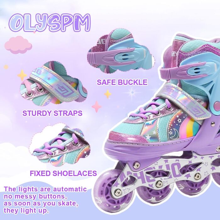 Роликові ковзани для дітей, дівчаток та хлопчиків, райдужний дизайн, дитячі роликові ковзани 4 розмірів для використання в приміщенні та на вулиці, розмір S (EU 28-31), фіолетовий