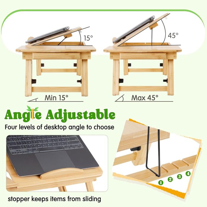 Регульований бамбуковий стіл для ноутбука, складний, для ліжка, дивана та підлоги. Портативний стіл на коліна з нахиленою поверхнею та шухлядою для письма, читання, сніданку, малювання, сучасний дизайн.