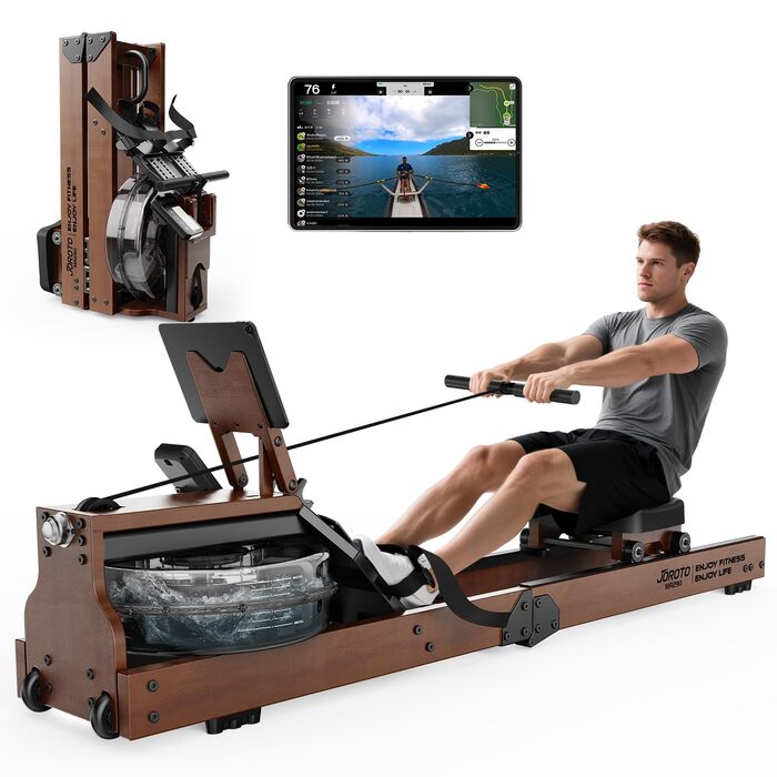 Домашній веслувальний тренажер JOROTO, дерев&39яний водний веслувальний тренажер, складний Підключення Bluetooth до застосунку Kinomap Максимальна вантажопідйомність 150 кг Резервуар для води 16 л Попередньо встановлено 98