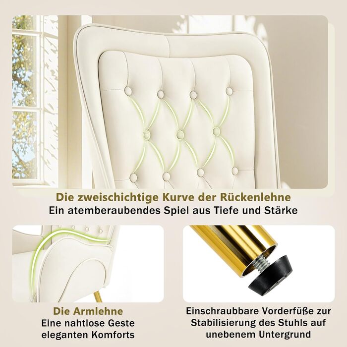 Крісло Hellove з відкидною спинкою та золотистими металевими ніжками, розкішне шкіряне крісло-реклайнер для вітальні, зручне крісло для туалетного столика, м&39яке крісло, крісло для читання, крісло для відпочинку для вітальні/спальні, бежевий колір, комп