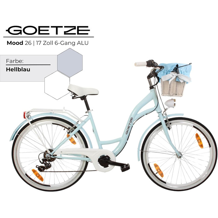 Дитячий велосипед Goetze Mood 26 дюймів, 17-дюймова алюмінієва рама з кріпленням, 6-швидкісний перемикач швидкостей, подвійні V-подібні гальма, світлодіодне освітлення, кошик з ротанга, комфортне сідло, з бічною підставкою та дзвінком, світло-блакитний