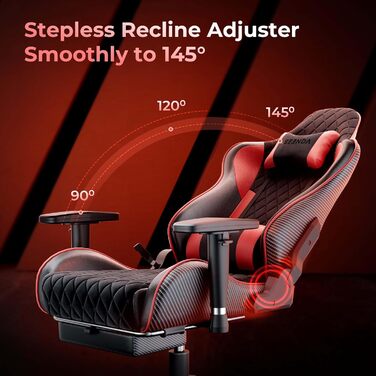 Ергономічне ігрове та офісне крісло seenda GCPro-10, безступеневе регулювання 145 з підставкою для ніг, суцільнометалевий каркас до 150 кг, 2D підлокітники, подушка для голови та попереку, чорно-сірий (чорний червоний)