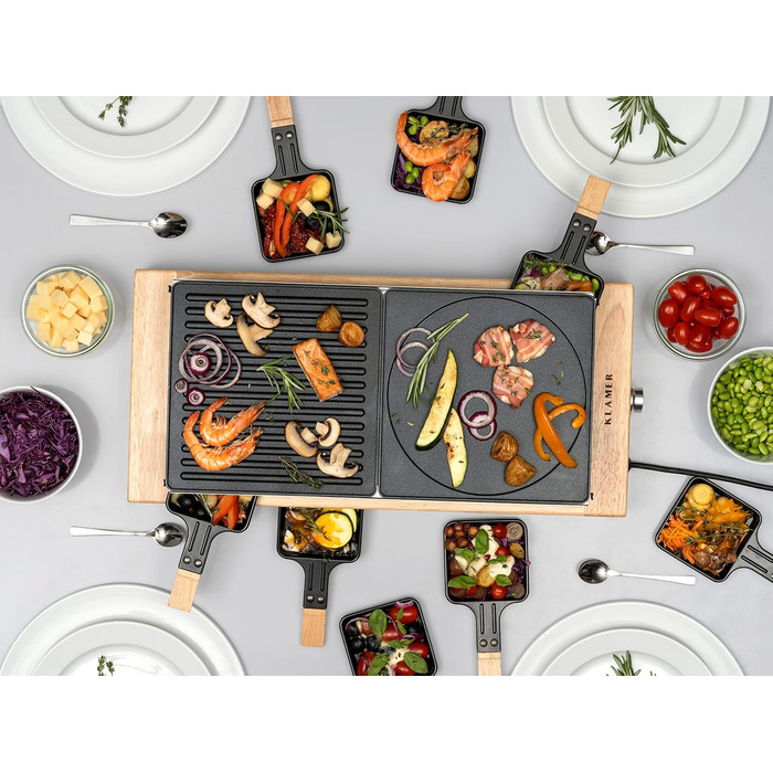 Персон, раклетний гриль 1500 Вт з дерев'яним каркасом, раклет з антипригарною пластиною для гриля, настільний гриль електричний, 8