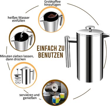 Кавоварка для френч-пресу KICHLY 34 унції - 1000 мл (4 кавові кружки / 8 кавових чашок) - Кавоварка з потрійним фільтром з нержавіючої сталі та ізольованими стінками - Silver Silver 1 літр
