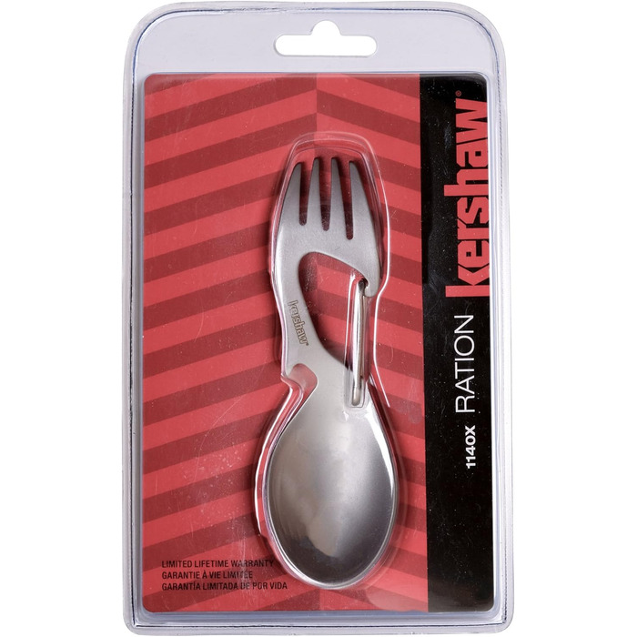 Мультитул Kershaw Ration з нержавіючої сталі, ложка, виделка, карабін та відкривачка для пляшок, звичайна довжина та XL звичайна - 4,6 дюйма, сріблястий