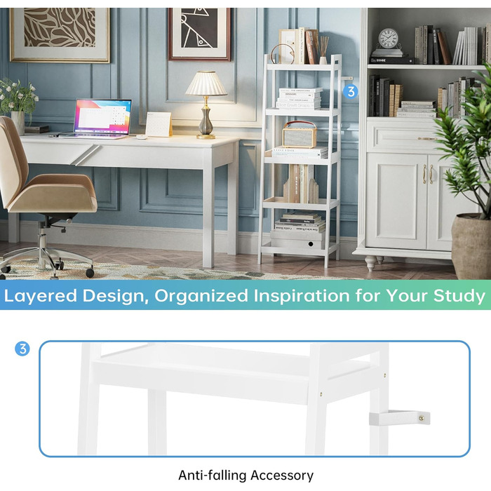 Бамбукова книжкова полиця SMIBUY з драбиною, органайзер для полиць у ванній кімнаті, окремостояча підставка для рослин, компактні полиці для спальні, кухні, балкону (біла, 5 полиць (127 см заввишки)) Біла 5 полиць (127 см заввишки)