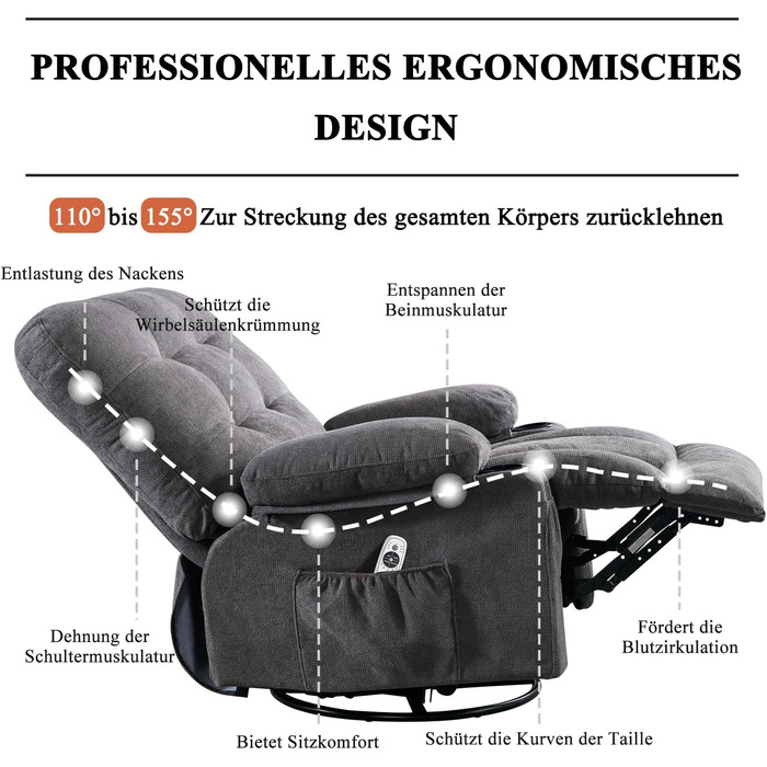 Крісло Bosmiller з функцією відкидання, масажне крісло, велике крісло для телевізора, поворотне на 360, підігрів, регульоване, тканинне крісло, сірий колір