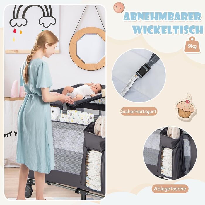 Дитяче ліжечко DREAMADE 4-в-1, складне та портативне дитяче ліжечко з колесами, матрац, пеленальний килимок та музичний мобіль, 102 x 72 см, приліжкове ліжечко для малюків 0-36 місяців (бежевий)