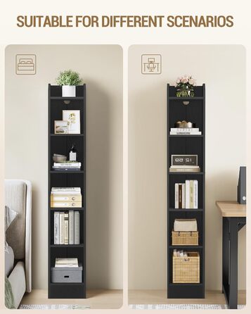 Книжкова полиця Hzuaneri, 6-ярусна стояча полиця, полиця для зберігання, полиця для колекційних предметів, регульовані панелі, для вітальні, офісу, 24 x 30 x 169,5 см, чорна BC06904 шт. 24 x 30 x 169,5 см чорна