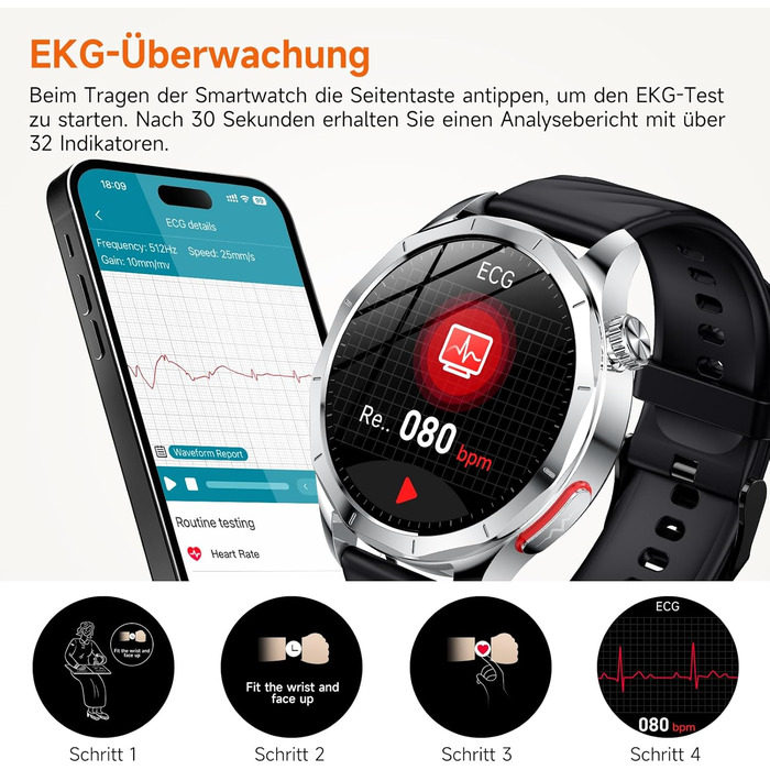 Новий смарт-годинник 2026 року для чоловіків з ЕКГ/ВСР/монітором батареї/ІМТ/сечовою кислотою, 1,43-дюймовий AMOLED-годинник для здоров&39я з 24-годинним зворотним тиском, SpO2, апное, монітором сну, екстреним викликом SOS, фітнес-годинник для Android/iOS