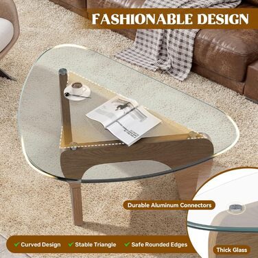 Трикутний журнальний столик, журнальний столик з дерева та загартованого скла з дерев&39яною рамою, сучасні скляні журнальні столики, вінтажні вбудовані столики для вітальні, офісу, колір натурального дерева, маленький 80*48*40 см, колір натурального дере