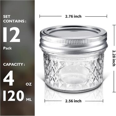 Міні-банки для консервування Tarana, банки для зберігання, прозорі скляні банки для консервування об&39ємом 4 унції з кришками, маленькі скляні банки об&39ємом 120 мл, що підходять для зберігання продуктів, варення, спецій, свічок, меду (12 шт. ) Срібляст