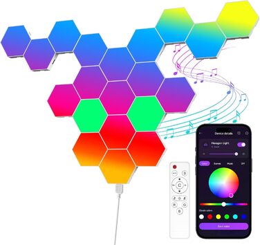 Панелей, Hexagon Gaming Decoration LED Wall Light, Music Sync, APP Control, Remote Controls, Hexagon Honeycomb Wall Lights Gaming Accessories Hexa Lamp Smart Home Decoration Wall, 20 шт., Hexagon LED