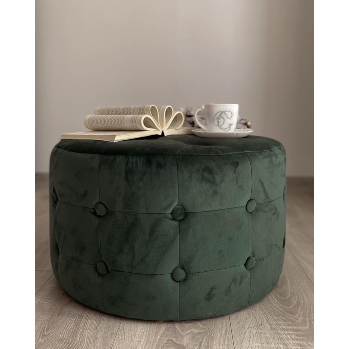 Сучасний пуф з оксамитової тканини, декоративний стьобаний круглий темно-зелений, колір Тампа