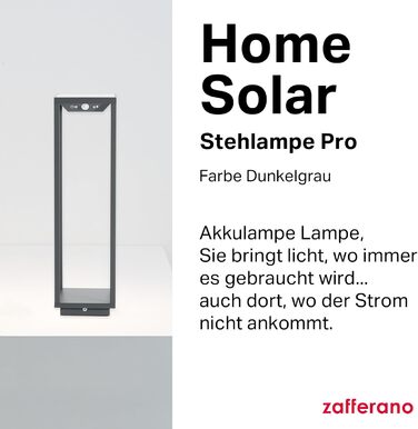 Сонячний торшер Zafferano Home Solar, бездротова підлогова лампа з сонячною панеллю та датчиком руху для вулиці, диммер, 3000 K, висота 50 см, темно-сірий