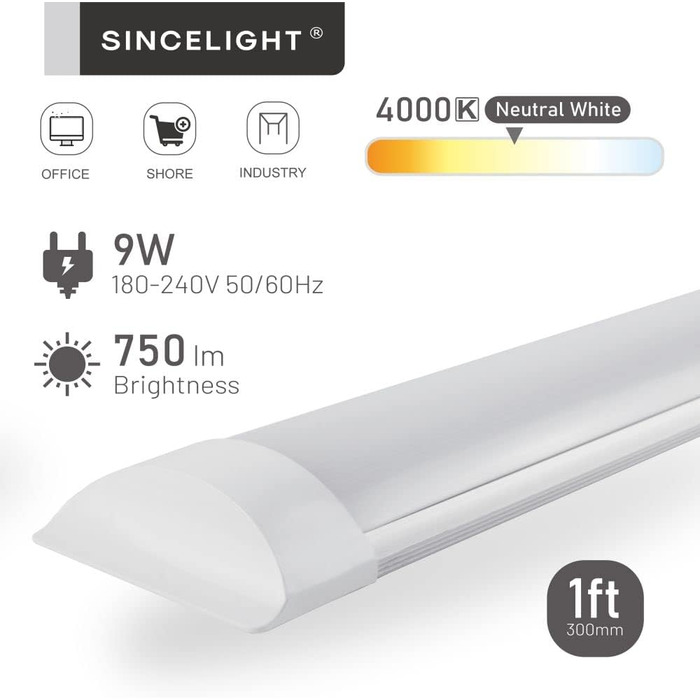 Світлодіодні стрічки SINCELIGHT 18 Вт, вбудована лампа 2 фути (60 см), стельове освітлення або настінний світильник для кухні, гаража, майстерні, ванної кімнати, складу, офісу, магазину, нейтральний білий 4000K, ука (нейтральний білий (4000k), 1 фут (30 с
