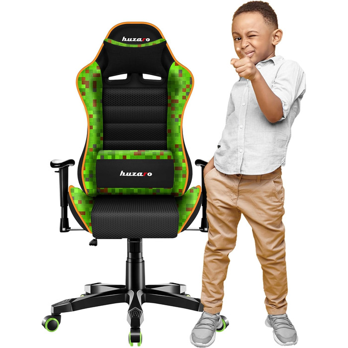 Ігрове крісло Huzaro Ranger 6.0 для дітей, офісне крісло, стільце для столу, підлокітники, ергономічний сучасний дизайн, подушки для шиї та попереку, штучна шкіра, функція гойдання, Pixel Pixel Small