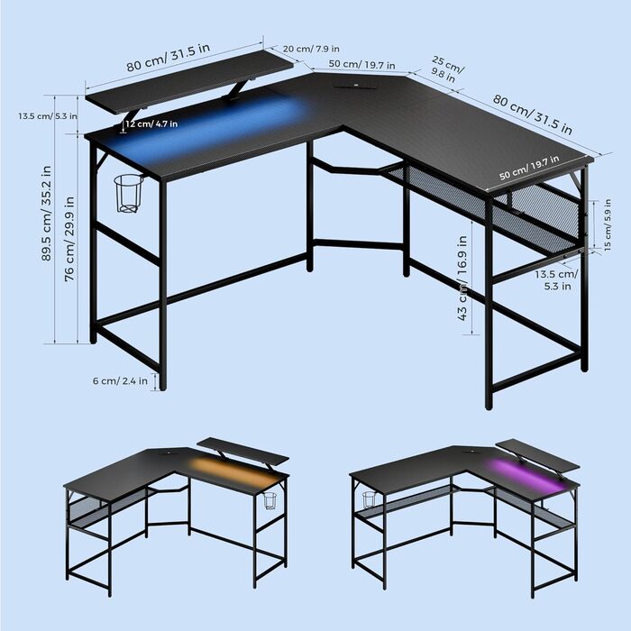 Г-подібний стіл Mondeer зі світлодіодним підсвічуванням, ігровий стіл 130 x 130 см з 2 розетками та 2 портами USB для зарядки, кутовий стіл із сітчастим відділенням для зберігання та гачками, для домашнього офісу та спальні, колір сажа