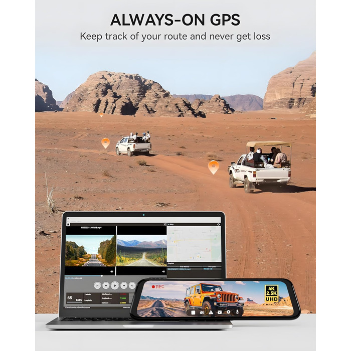 Для дзеркала заднього виду відеореєстратор для переднього та дзеркала заднього виду для автомобіля з екраном 12 дюймів, камерою WDR, нічним баченням, GPS та безкоштовною картою на 64 ГБ (G900), 4K 2.5K