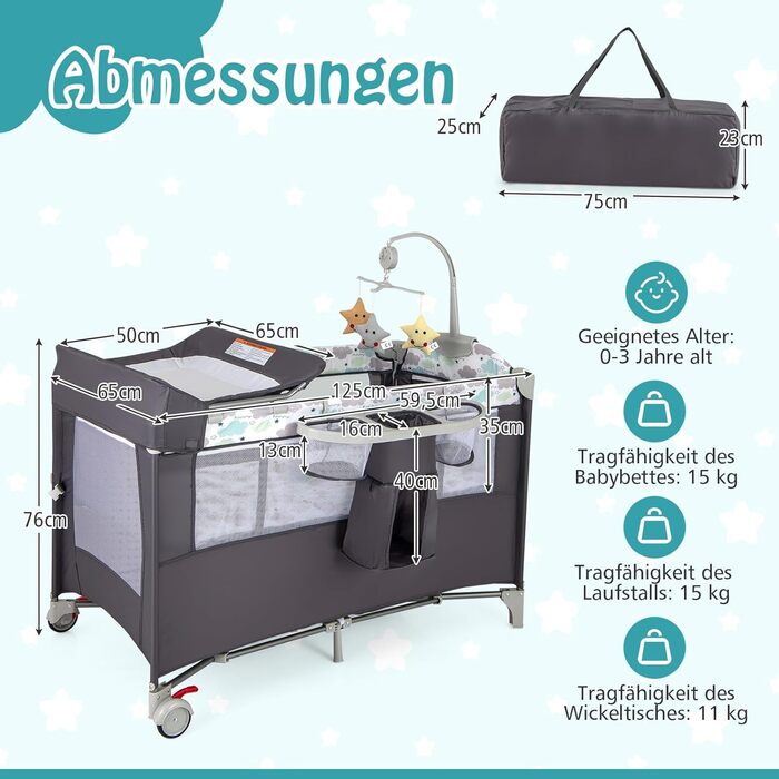 Дитяче ліжечко DREAMADE 120 x 60 см з колесами, дорожнє ліжечко 4 в 1 з матрацом, складне дитяче ліжечко як пеленальний столик та манеж, дорожнє ліжечко для малюків від народження (сіре)