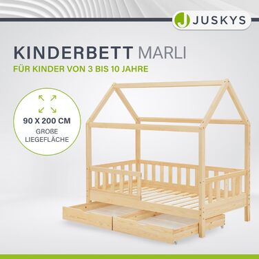 Дитяче ліжко Juskys Marli 90 x 200 см з 2-секційним ящиком для зберігання, захисними поручнями, рейковою основою та дахом - Ліжко-будиночок з масиву дерева для дітей - Ліжко з натурального дерева 90 x 200 см