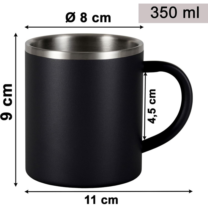 Термокружка з нержавіючої сталі 350 мл - з подвійними стінками - ізольована кружка з ручкою, без кришки. Кружка з нержавіючої сталі, термокружка, кавова кружка, кавова чашка, чорна, 4 предмети.