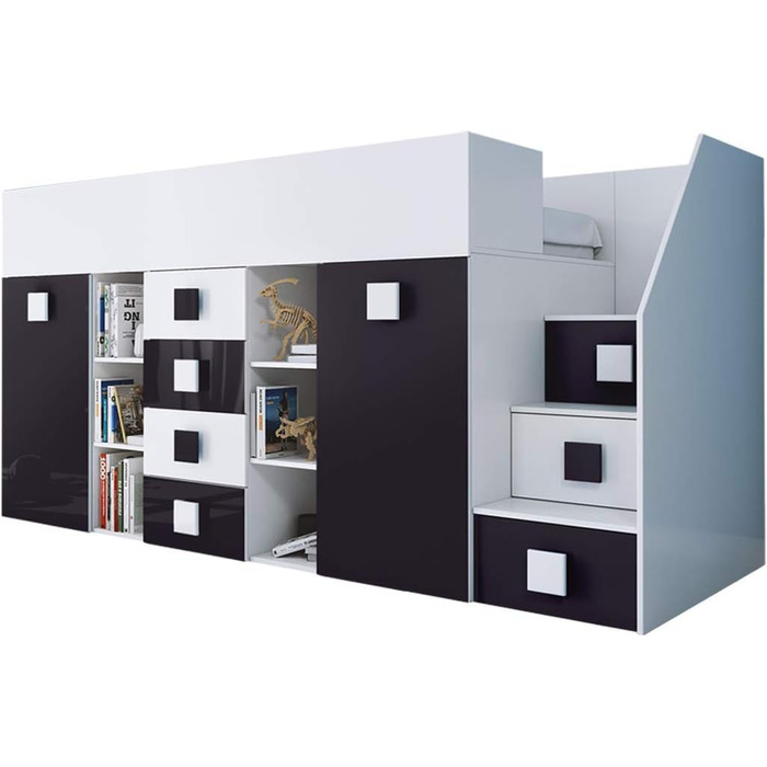 Двоярусне ліжко для дітей, підлітків з місцем для зберігання - Двоярусне ліжко з письмовим столом, шафою, полицею, шухлядами, сход