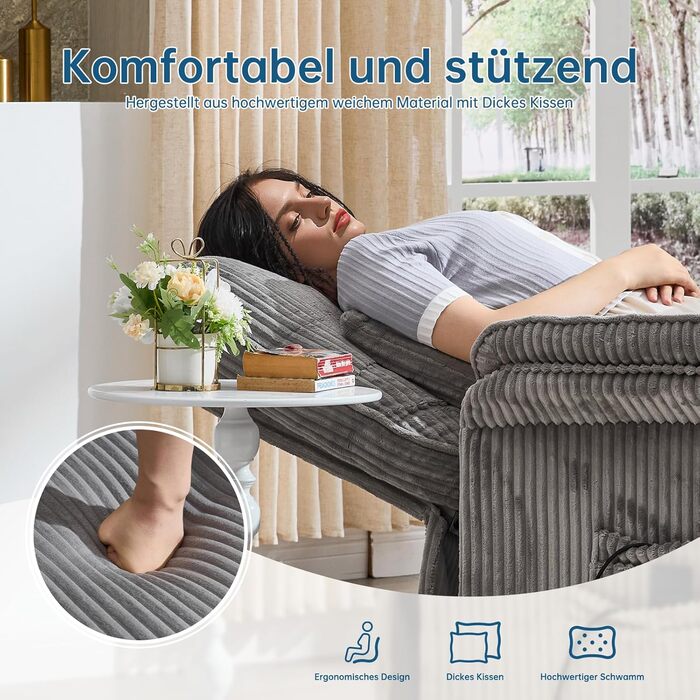 Моторне електричне крісло-реклайнер, крісло для телевізора з функцією відкидання, крісло для телевізора у вітальні з колесами, регульована спинка та підставка для ніг, 2 бічні кишені, вельветовий диван, світло-сірий, 2-