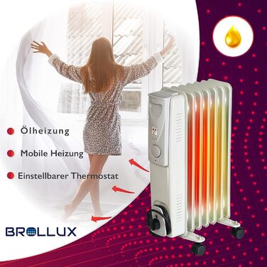 Електричний масляний обігрівач Brollux 1500 Вт, масляний радіатор, електричний обігрівач 7 ребер, портативний електричний нагрівальний елемент, нагрівальний пристрій, термостат, масляний обігрівач