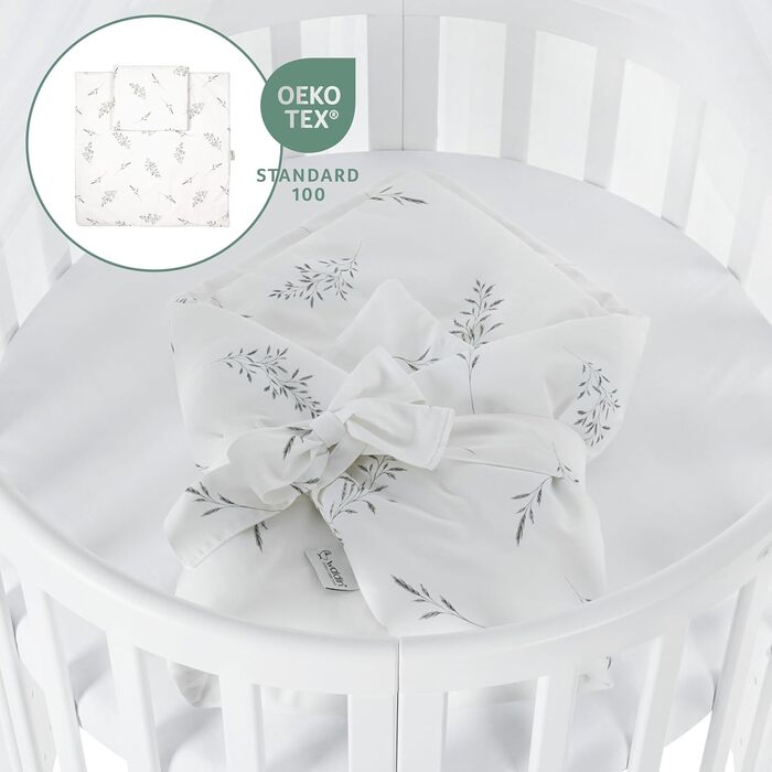 Дитяче ліжко Waldin Oval, комплект трансформованого 7-в-1, ліжечко, дитяче ліжко з матрацом, пеленальний столик, приліжкове ліжечко, дерево біле, тканина білі гілки