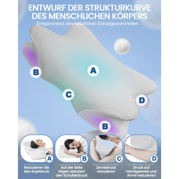 Велика подушка для шиї, подушка для голови, подушка для підтримки шиї, подушка з піни з ефектом пам&39яті, ергономічна ортопедична подушка з наволочкою, подушка для сну на боці, спині та животі - 60 x 34 см x 9/13 см, сірий
