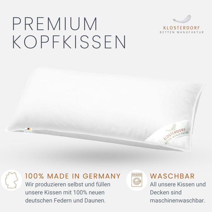 Подушка преміум-класу Klosterdorf Bedding Manufactory з трьома камерами &quotФункціональна&quot - 40x80 см - 500 грамів - Ручна робота в Німеччині - Здоровий сон - Пухова подушка, Пухова подушка, 3-камерна подушка