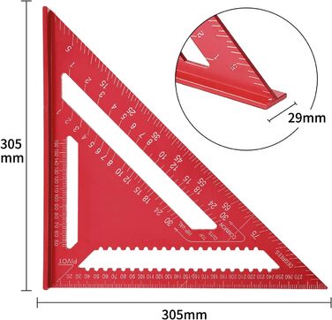 Дюймовий теслярський косинець, метричний трикутник, трикутна лінійка кутова металева для дизайну оздоблення, вимірювання кутів, зроби сам (червоний), 12-
