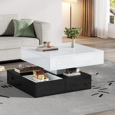 Журнальний столик Merax, що обертається на 360, сучасний журнальний столик, підйомний стіл для вітальні з 3 шухлядами та місцем для зберігання, глянцевий диванний столик, квадратний бічний столик білого та чорного кольорів, 70x70x40 см білого та чорного к