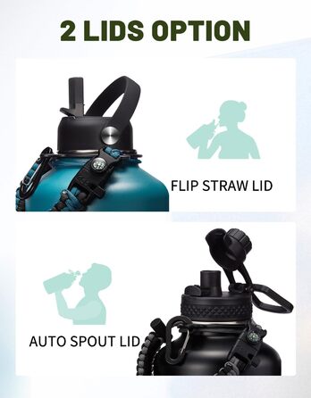 Ізольована пляшка для води з соломинкою - 1,8-літрова колба-термос з нержавіючої сталі з соломинкою для носика, кришкою, паракордо