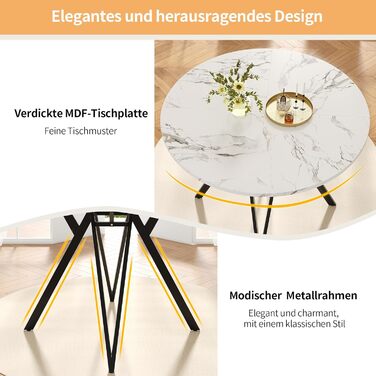 Круглий обідній стіл Merax 100 см, сучасний кухонний стіл для 4-6 осіб, обідній стіл з міцними чорними металевими ніжками, мармурова стільниця з МДФ, кухонний обідній стіл для вітальні, їдальні, офісу 100 x 100 x 76 см, мармуровий візерунок та чорний-6