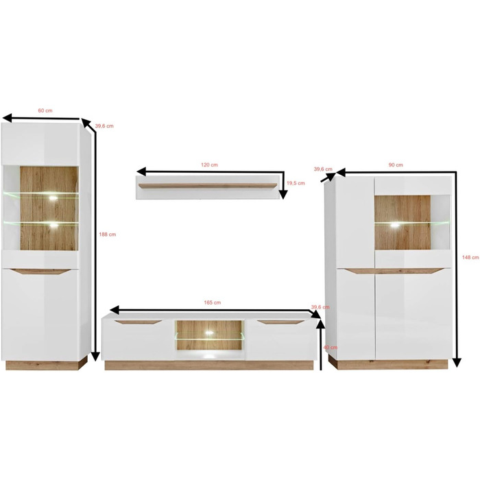 Настінна шафа для вітальні Generic Fame, настінна полиця для вітальні, стіна для телевізора, матова глянцева вітрина, низька тумба, настінна полиця зі світлодіодним підсвічуванням (білий/дуб Artisan) Білий / дуб Artisan