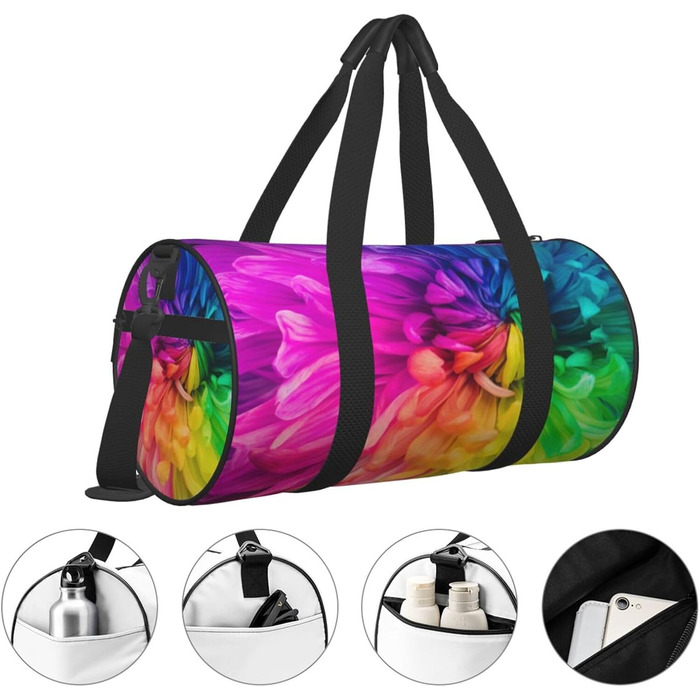 Спортивна сумка для подорожей, красивий веселковий принт з квітами та хризантемами, сумка на нічліг, чорний колір, універсальний розмір