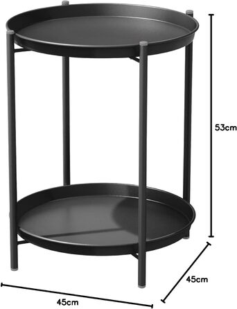 Круглий журнальний столик Grand Patio, 2 яруси, для вітальні, спальні, саду, диван-столик, тумбочка, знімний піднос, легке складання, металевий 45x45x53 см (чорний)