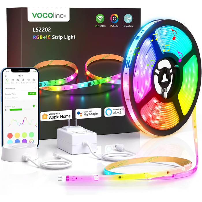 Світлодіодні стрічки VOCOlinc Smart RGBIC 5m Pro, світлодіодна стрічка працює з Apple HomeKit, Alexa та Google Assistant, Синхронізація світла з покритою стрічкою своїми руками з музикою, підходить для домашньої спальні LS3-5M