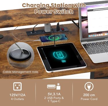 Г-подібний комп&39ютерний стіл GIANTEX, кутовий стіл зі світлодіодним підсвічуванням, стіл з підставкою для монітора, сумкою для зберігання, гачком для навушників, полицею та зарядною станцією (коричневий) Коричневий/Чорний