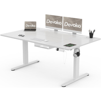 Стіл Devoko з регульованою висотою 160x80 см із зарядним портом Type-C, мобільний електричний комп&39ютерний стіл з лотком для кабелів та пам&39яттю на 3 функції, білий 160 x 80 см білий