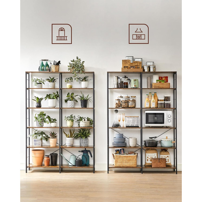 Книжкова полиця VASAGLE, окремостояча полиця з 6 полицями, 30 x 120 x 170 см, промисловий дизайн, для вітальні, кабінету, балкону, кухні, вінтажний коричнево-чорний колір LLS114B01