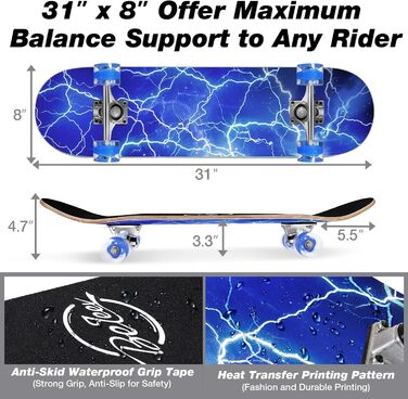 Дюймів Повний круїзерний скейтборд для дітей, підлітків та дорослих, 7-шарова увігнута дека з канадського клена Double Kick з універсальним T-Tool для початківців, колір Ocean Blue, 38