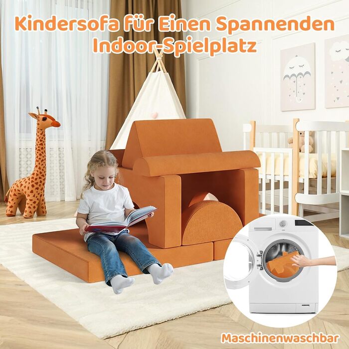 Дитячий ігровий диванчик з 15 модулями, модульний дитячий ігровий диванчик, дитячий диванчик з пінопластових будівельних блоків, ігровий диванчик для дітей та дитяче крісло, затишний куточок у дитячій кімнаті, для гри, творчості, сну, помаранчевий