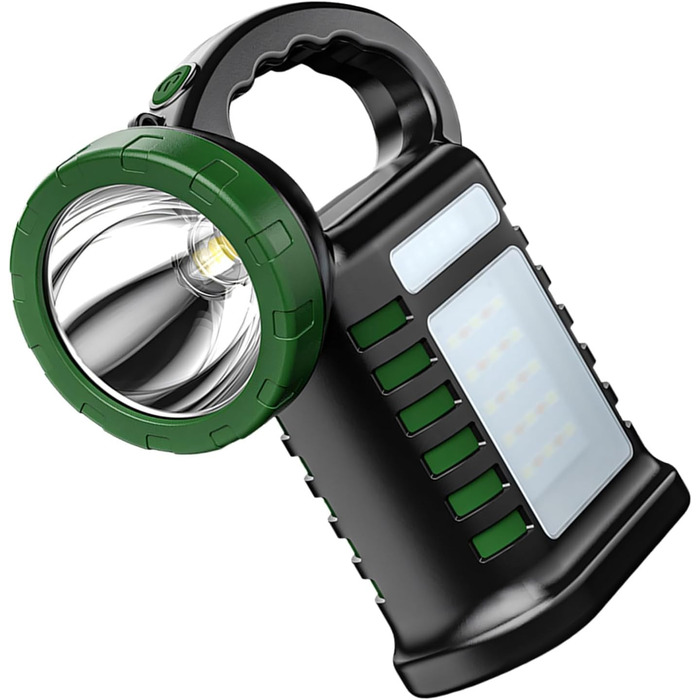Багатофункціональний акумуляторний світлодіодний ліхтарик-прожектор для походів. Потужний, міцний акумуляторний робочий ліхтарик на сонячній енергії, зеленого кольору.